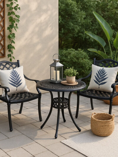 Elana Patio Dining Set for 2 – Black Cast Aluminium Table with 2 Chairs