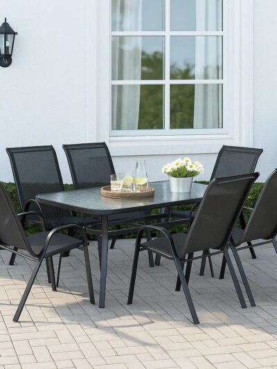 Kara 6-Person Dining Set – Round Glass Top Table with Black Chairs