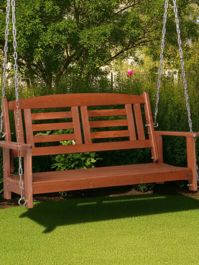 Harmony 2-Person Wood Swing Chair with Hanging Chains – Reddish Brown Finish
