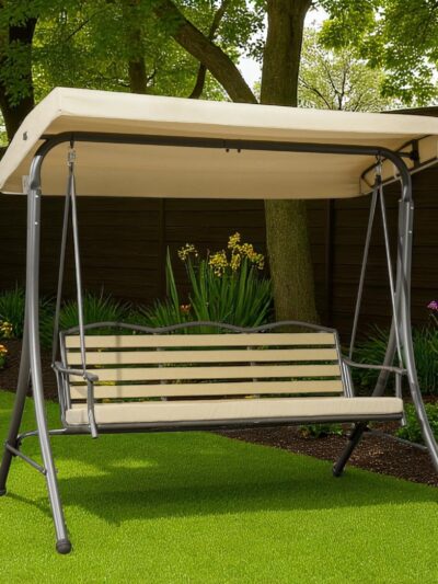 Trio 3-Person Cushioned Porch Swing – Outdoor Garden Swing Bench in Beige