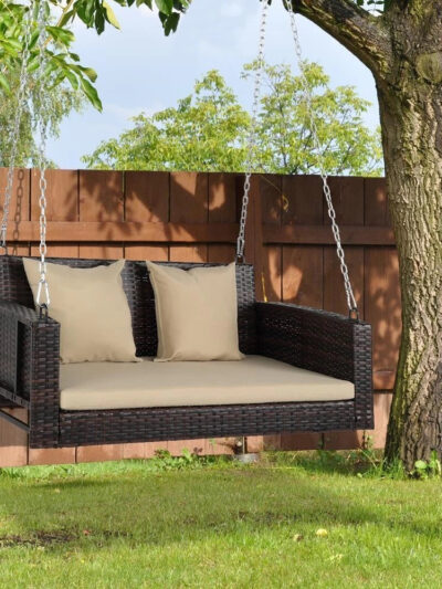 Zen Rattan Porch Swing Chair for 2 – Hanging Seat with Cushions & Chains