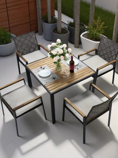 Verano 5-Piece Garden Dining Set – Rattan Slatted Table with 4 Stackable Chairs